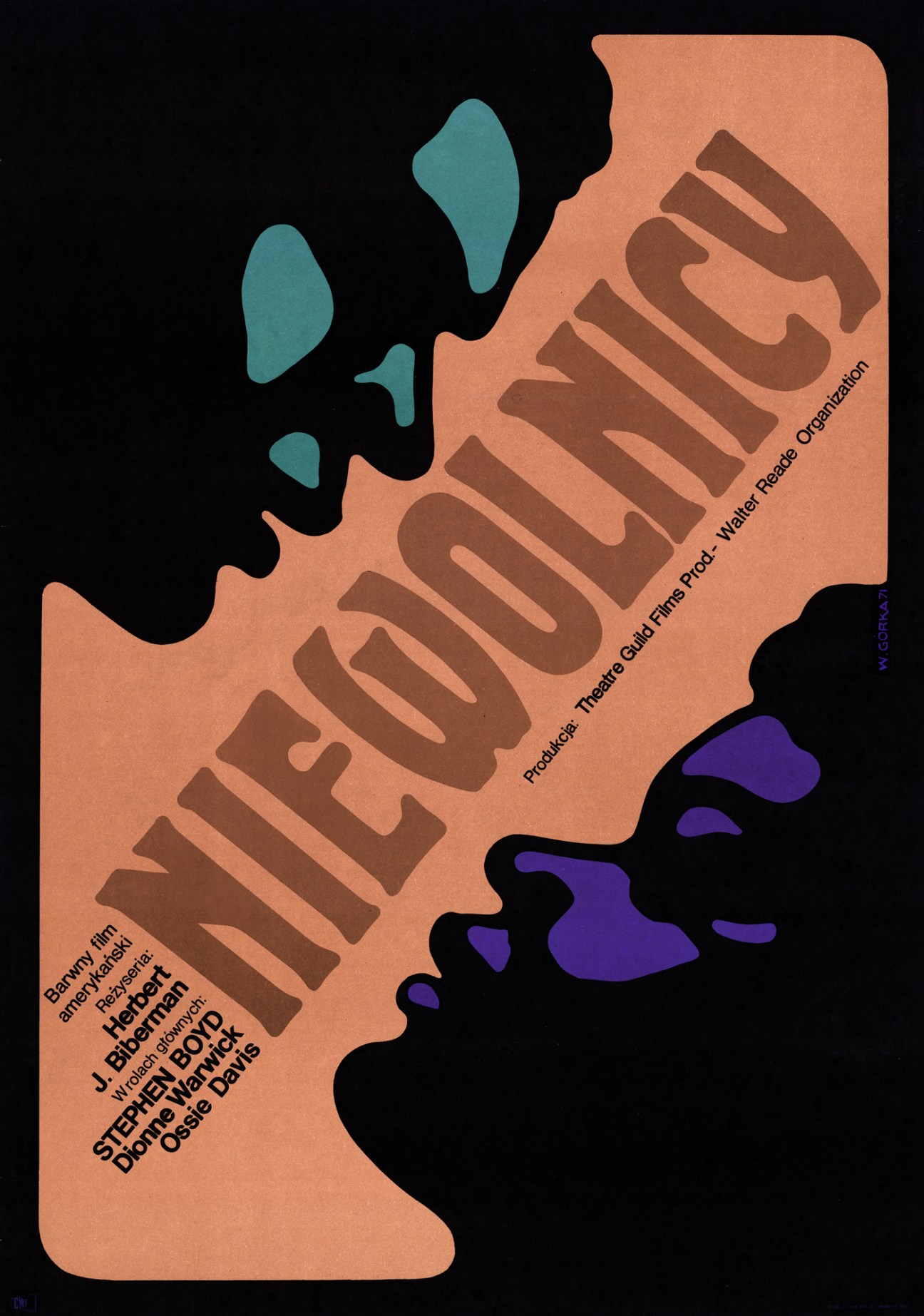 Polish film poster for Slaves (1969) featuring bold brown typography and abstract blue and purple shapes on a peach background.