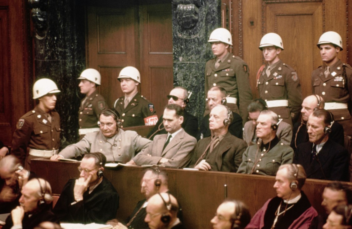Nazi defendants in the dock at Nuremberg including Herman Göring, Rudolf Hess and Joachim von Ribbentrop