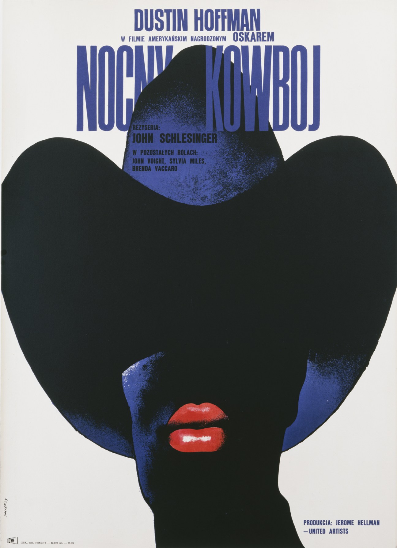 Polish film poster for Midnight Cowboy featuring stylized portrait with bold blue and red graphic elements