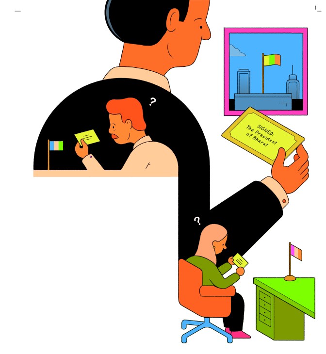 Illustration of person with thought bubbles showing name change from India to Bharat with flag symbols and official documents.