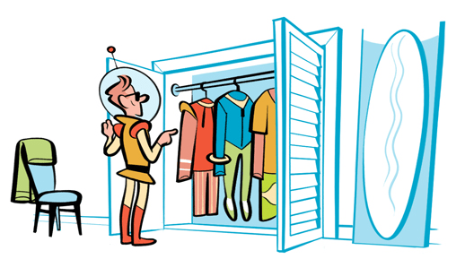 Person examining colorful clothing hanging in a closet with mirror