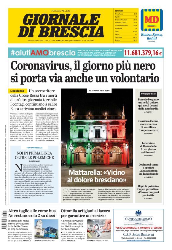 Front page of Giornale di Brescia newspaper with coronavirus coverage and Italian flag imagery on a building.