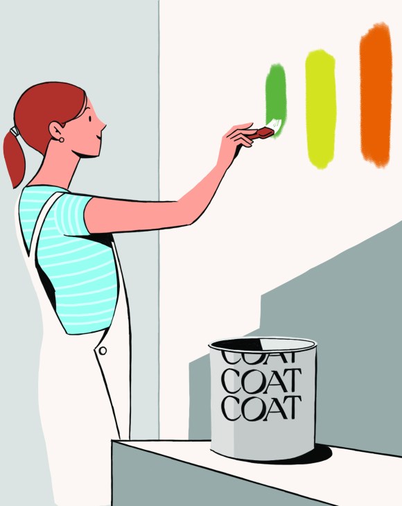 An illustrated red-haired woman tries three different colors of paint (green, yellow-green, and orange) on a white wall.