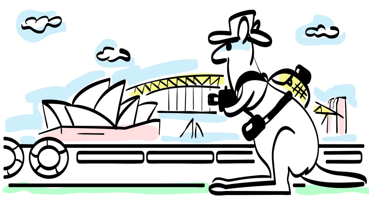 Illustration of a figure holding architectural plans in front of Sydney Opera House and Harbour Bridge