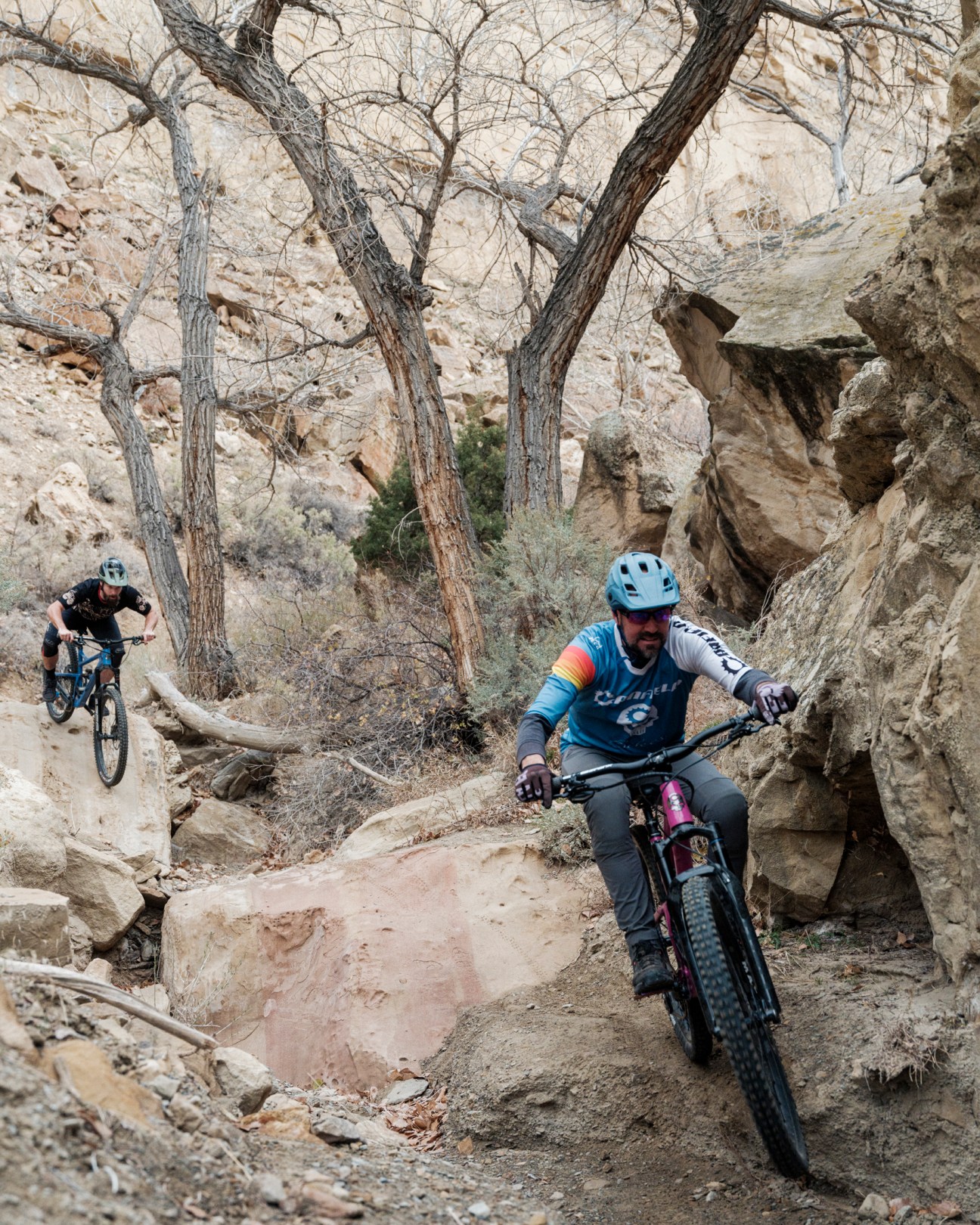Mountain bikers descending rocky trail through desert landscape with sandstone cliffs and bare trees