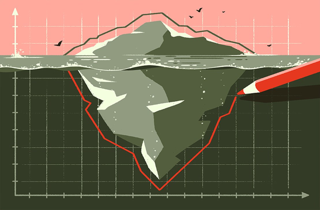 Stylized illustration showing an iceberg with visible and hidden portions, birds flying above water surface