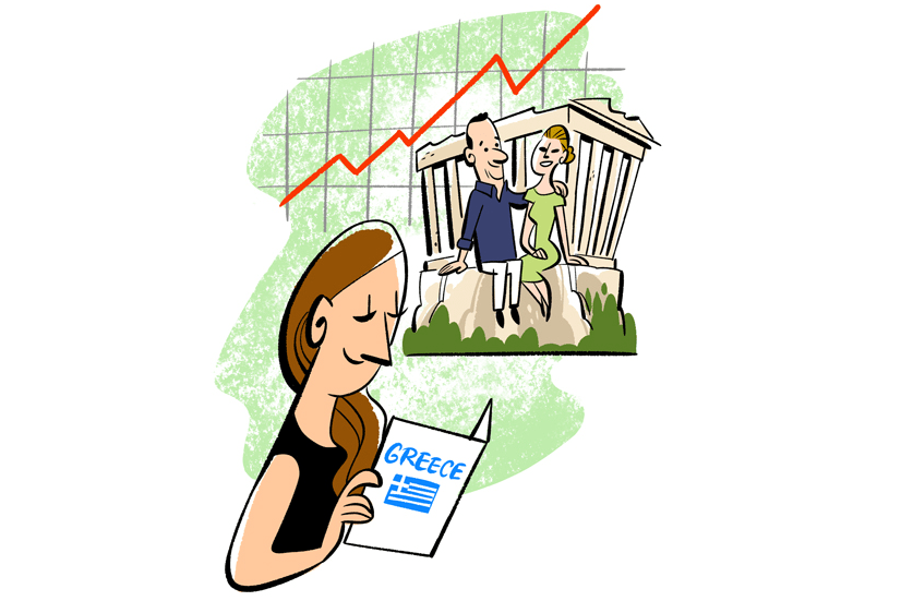 Illustration showing a person reading about Greece with Parthenon and rising graph in background