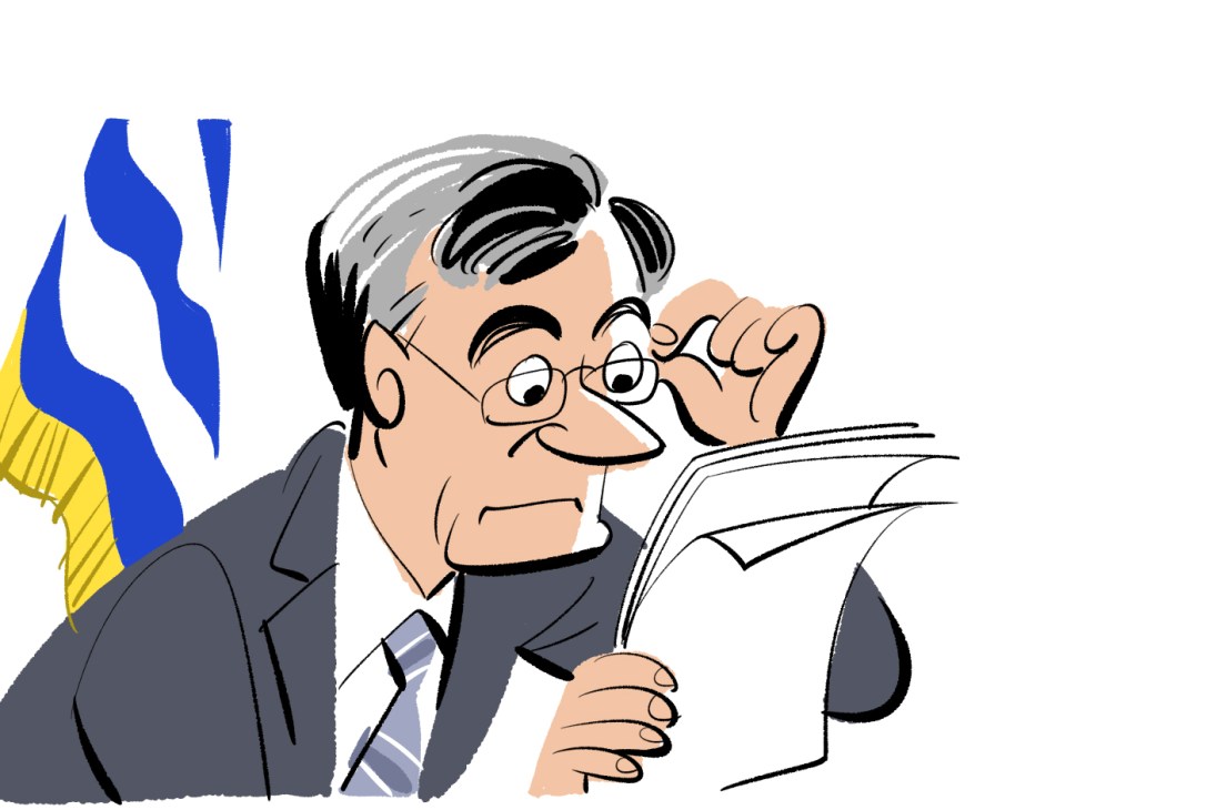 Illustration of a man wearing glasses and a dark suit holding papers, with blue and yellow flag elements in background.