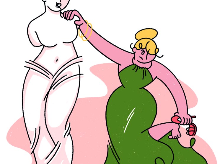 Classical statue figure reaching toward a woman in green dress holding what appears to be a shoe