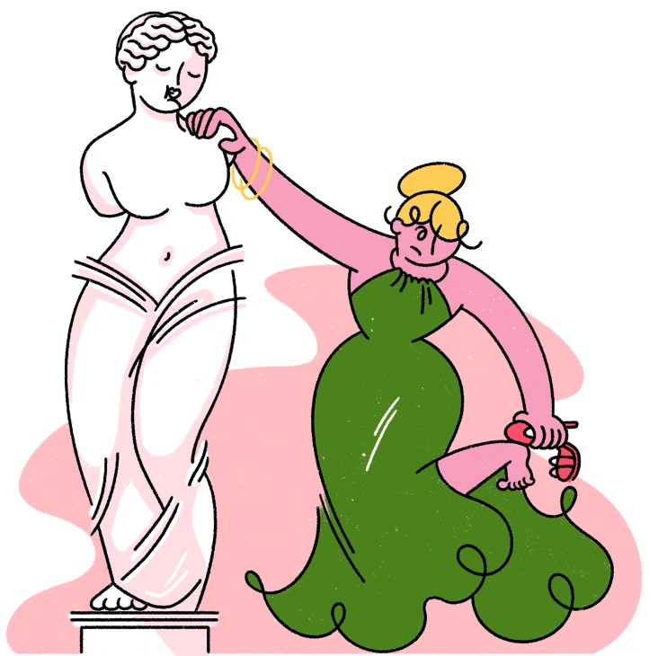Classical statue figure reaching toward a woman in green dress holding what appears to be a shoe