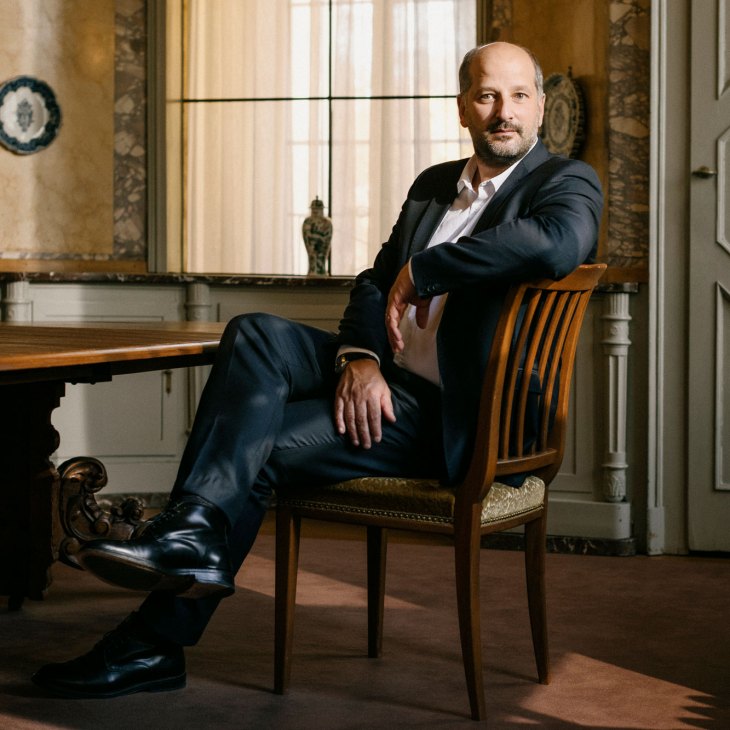 Portrait of Grégoire Junod, Mayor of Lausanne, seated in an elegant room with large windows