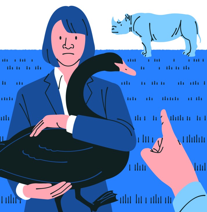 Illustration of a woman in business attire holding a black swan, with a blue rhino and other animals in the background.