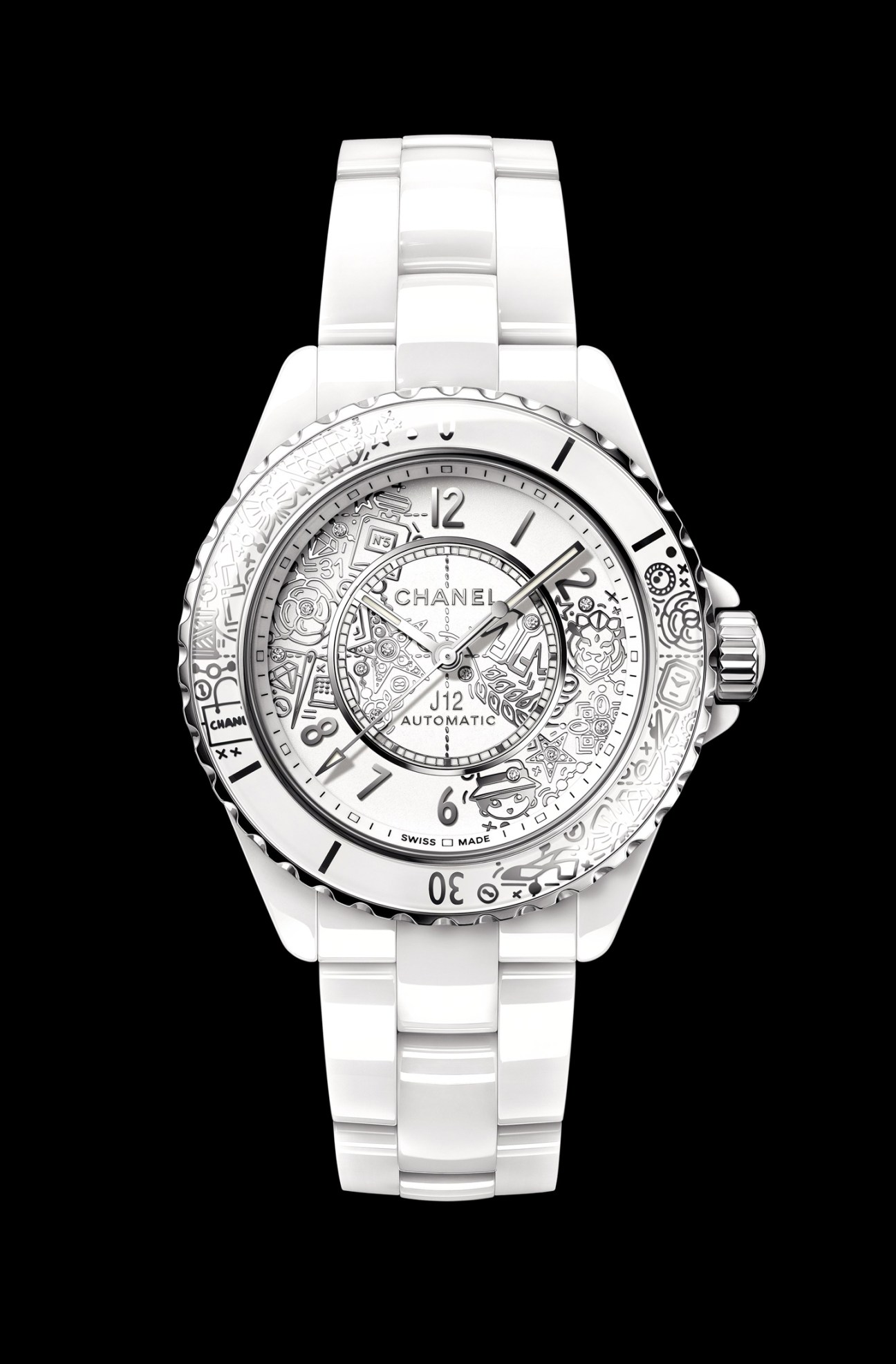 Chanel J12.20 white ceramic automatic watch with decorative dial and matching bracelet