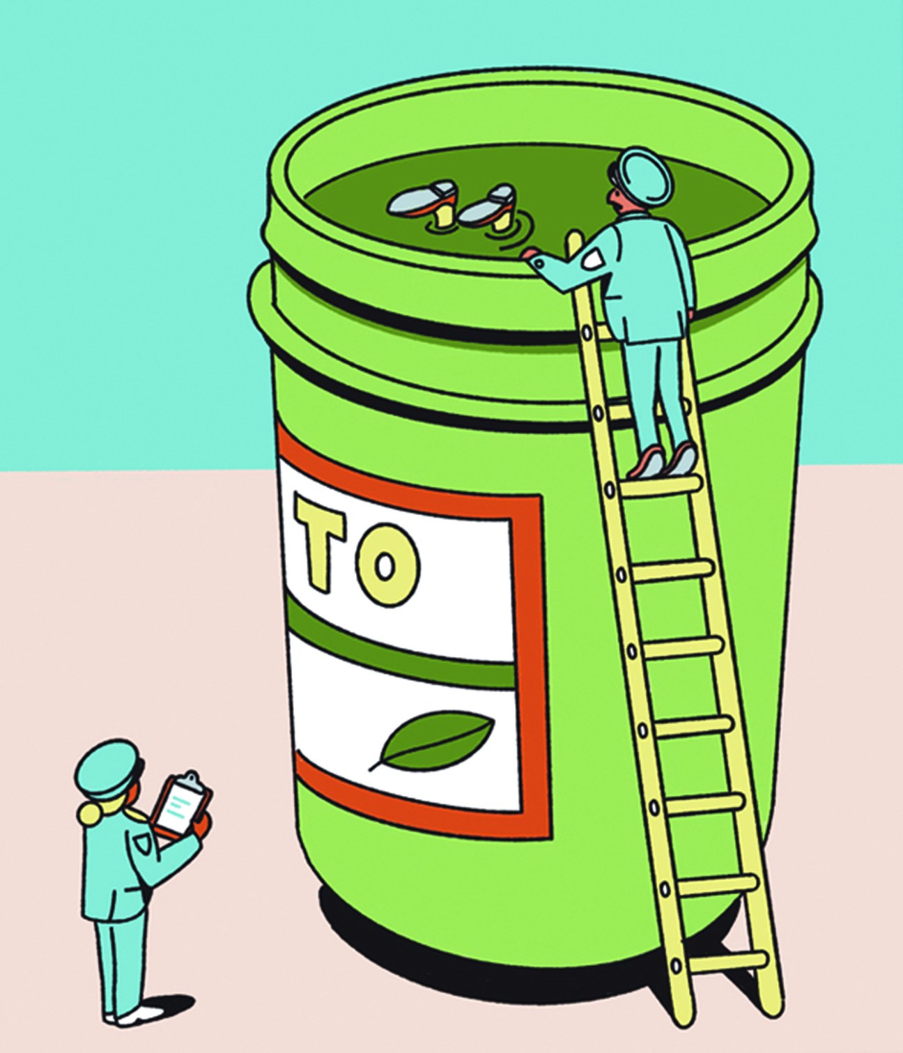 Illustration of a person in medical attire on a ladder inspecting the contents of a large jar labeled 'TO' (pesto) at customs