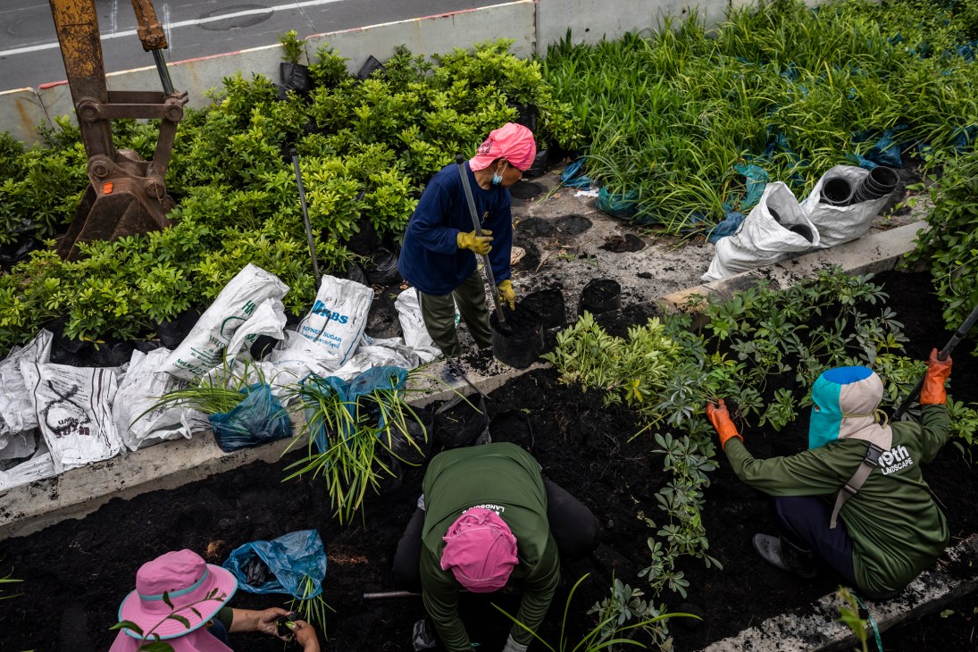 Workers planting vegetation along canal embankment during construction of Chong Nonsi Canal Park in Bangkok