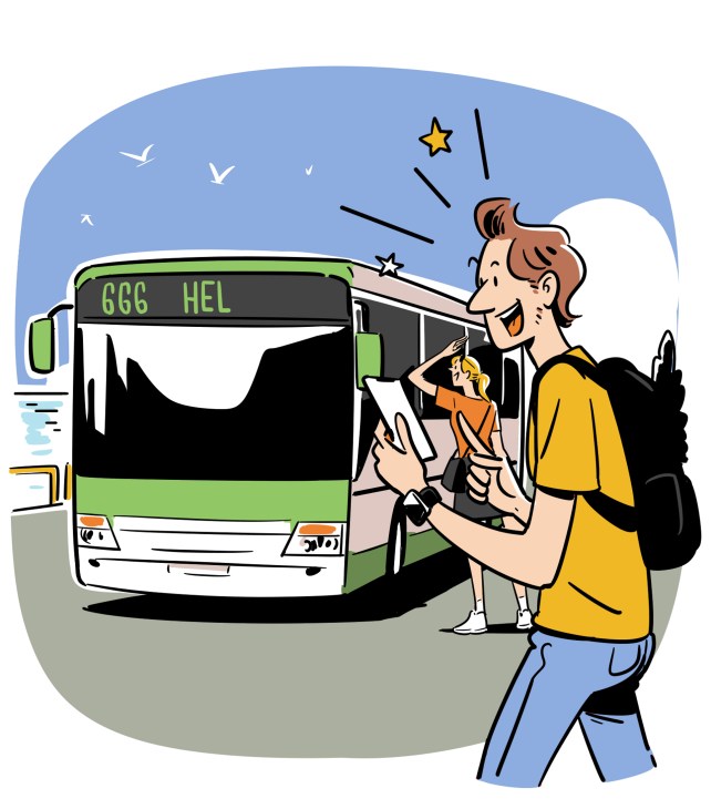 Illustration of a smiling man with backpack reading map next to green bus displaying '666 HEL' destination