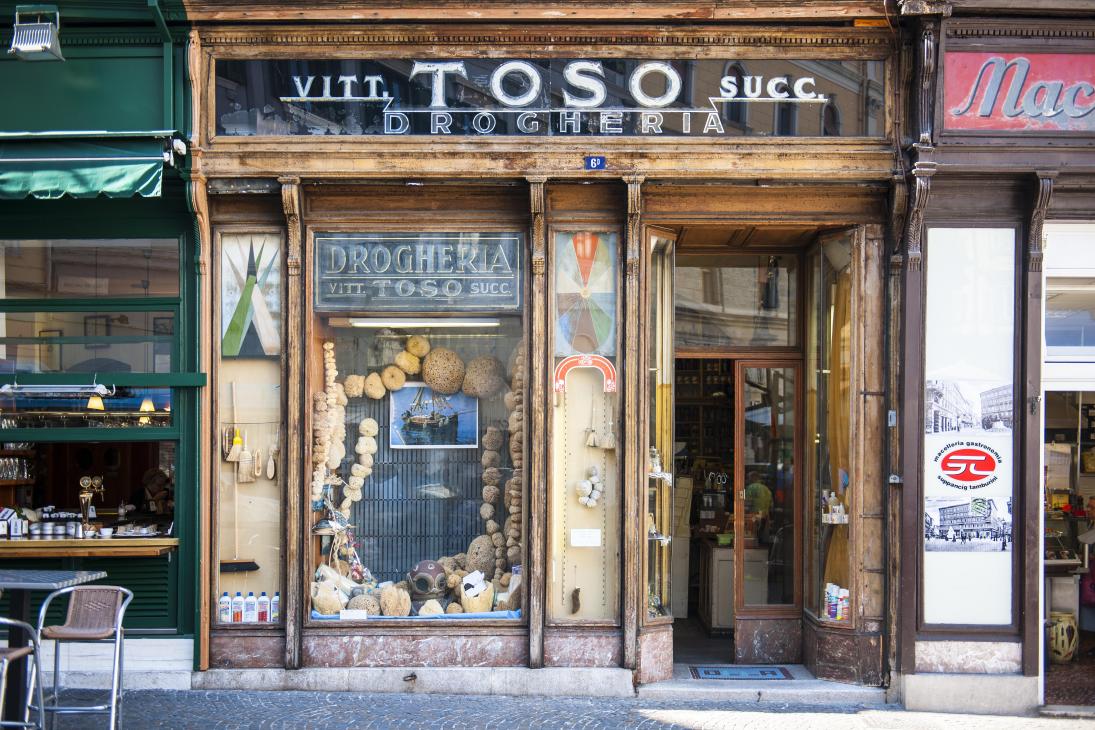 Historic Drogheria Toso storefront in Trieste with vintage signage and traditional window display