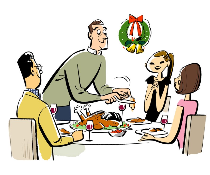 Family gathered around dinner table with man carving roasted bird, Christmas wreath hanging on wall