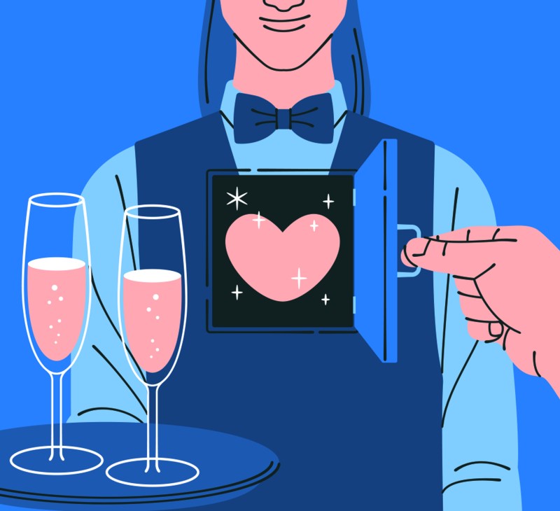 Illustration of a waiter holding a tray of champagne flutes, with a heart revealed inside their jacket