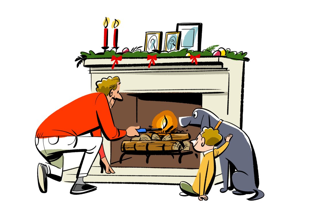 Illustration of a family lighting a fire in a decorated Christmas fireplace with candles and photos on the mantel