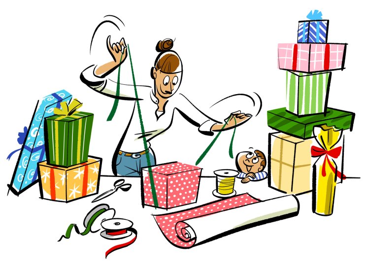 Person gift wrapping presents with colorful papers, ribbons and bows scattered around work surface
