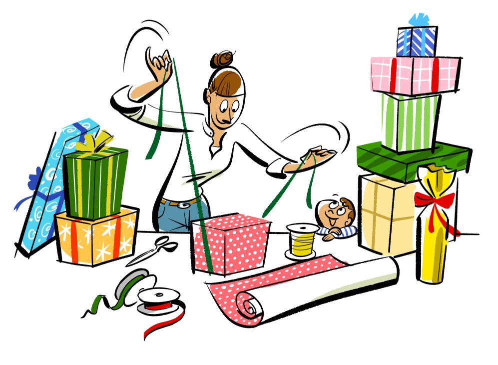 Person gift wrapping presents with colorful papers, ribbons and bows scattered around work surface