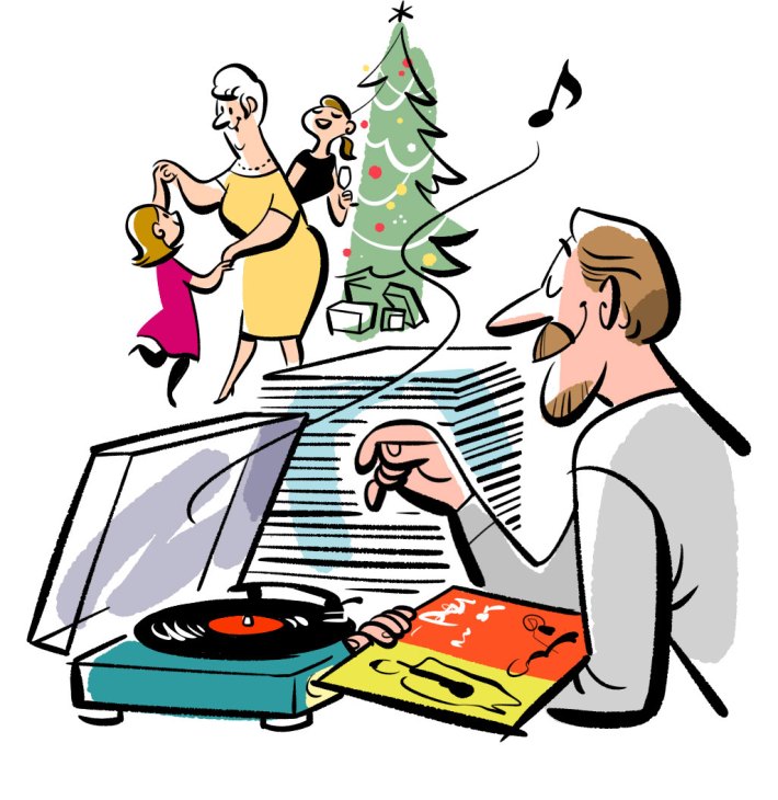 Man operating turntables with vinyl records while family dances around Christmas tree in background