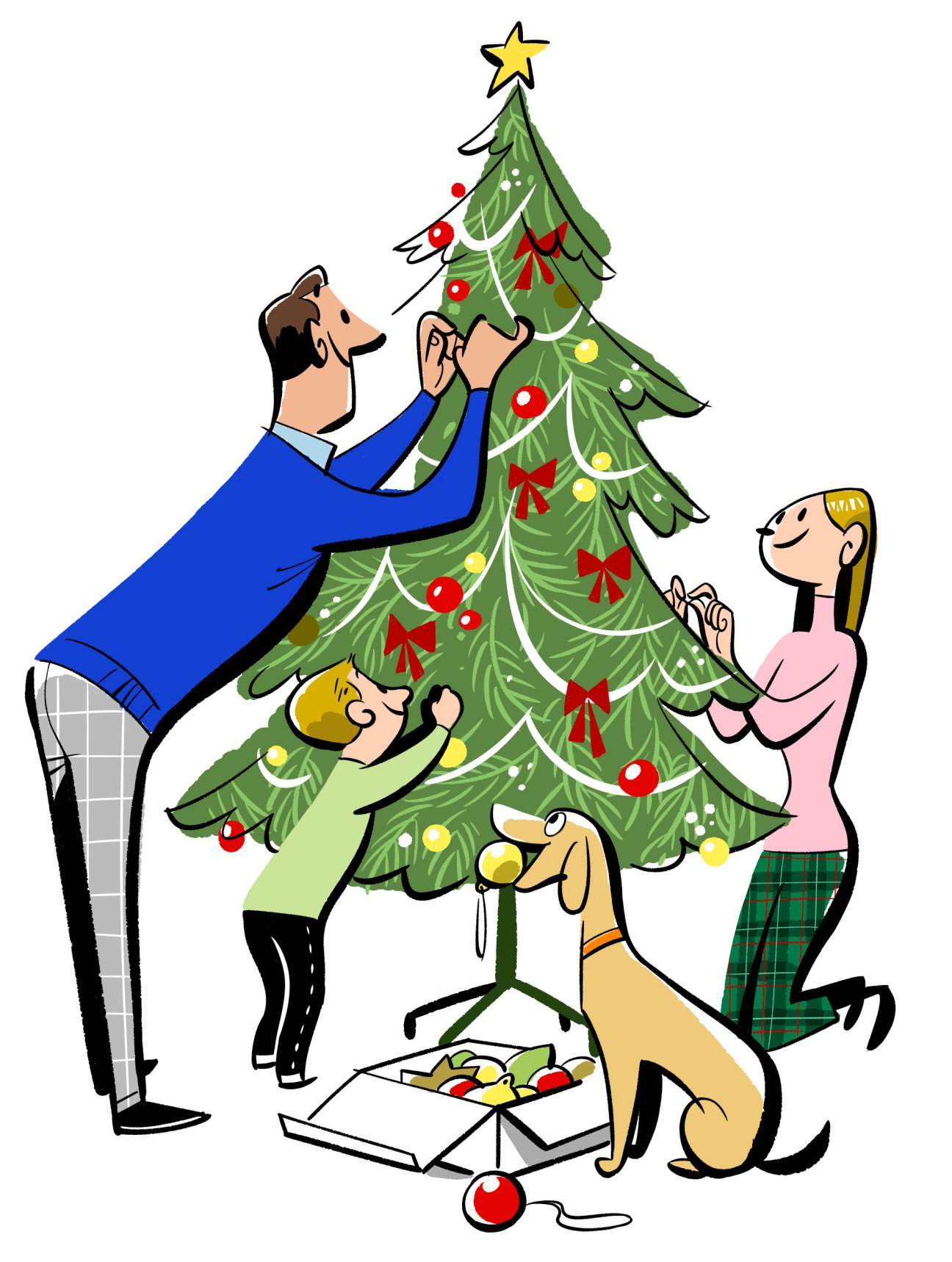 A family decorating a Christmas tree together, with a man reaching up to place ornaments while a woman and child help