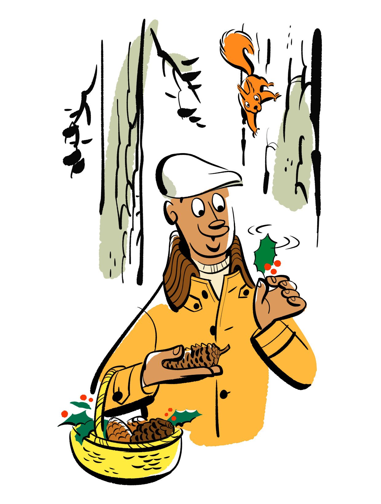 A man in yellow jacket and white cap foraging for decorations, holding pine cones with basket and squirrel in snowy forest