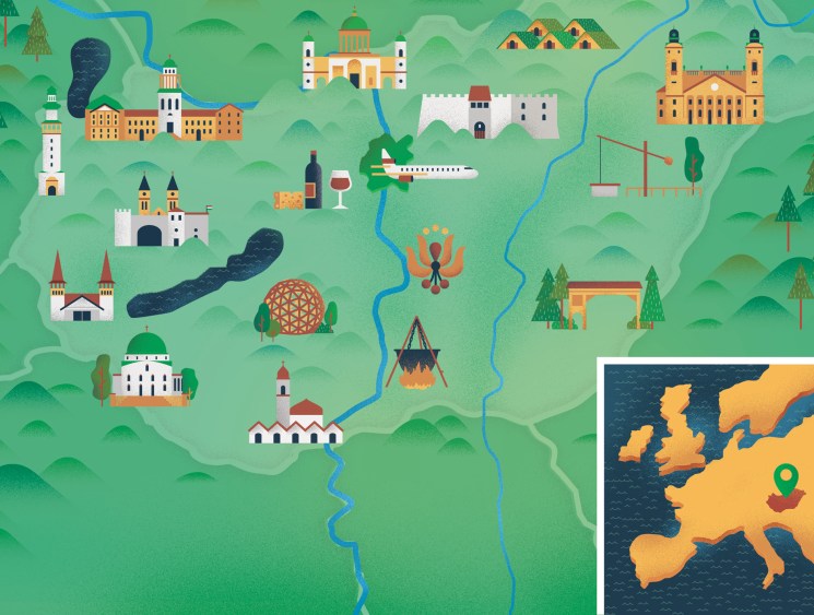 Illustrated travel map with landmarks, castles, and cultural icons.