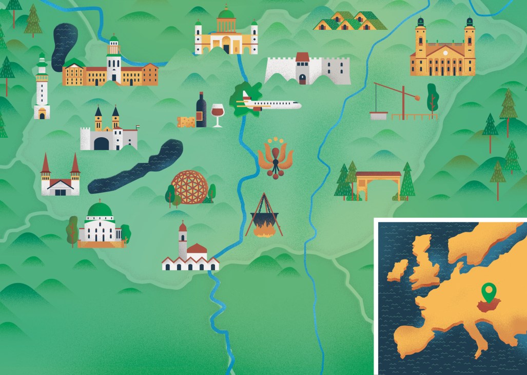 Illustrated map of Hungary showing tourist destinations, wine regions, and landmarks with small inset map of Europe