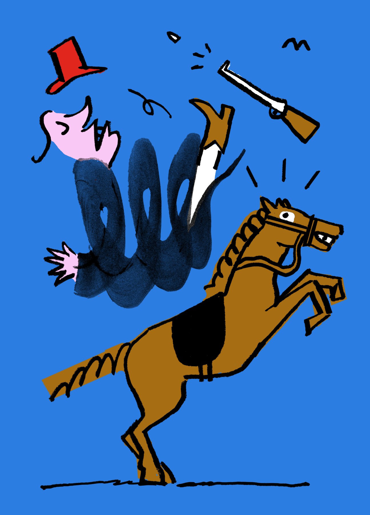 Illustration of person falling backwards from rearing brown horse with red top hat and rifle flying through blue sky