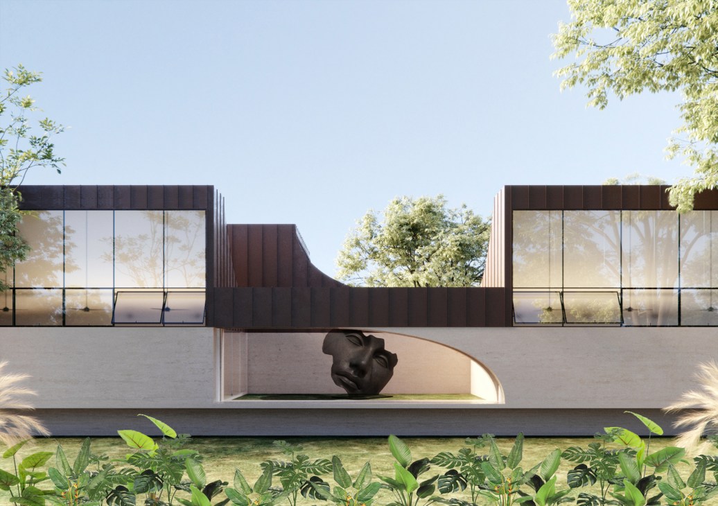 Modern architectural rendering of ICAAF building with curved bridge connecting two glass pavilions over water
