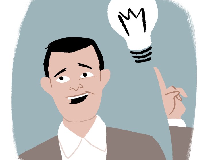 Illustration of a man with a light bulb representing an idea or eureka moment.