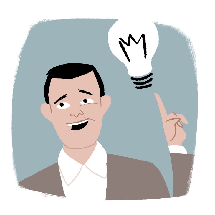 Illustration of a man with a light bulb representing an idea or eureka moment.