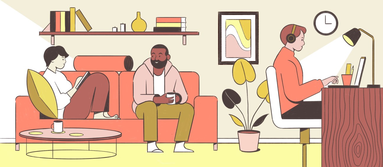 Illustration showing people working and relaxing in a modern co-living space with shared areas