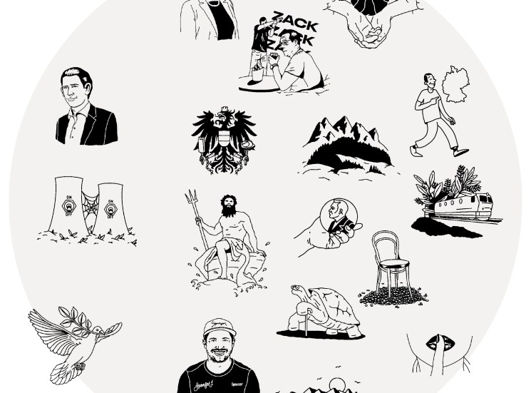 Collection of black and white illustrated icons representing Austrian culture and politics