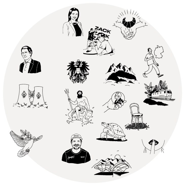 Collection of black and white illustrated icons representing Austrian culture and politics