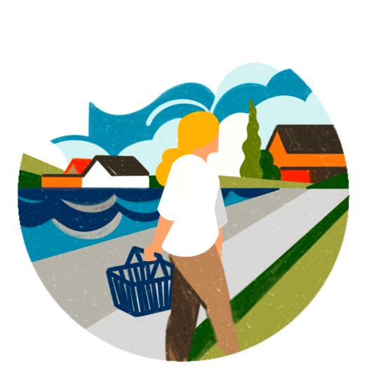 Illustration of a person carrying a basket walking along a coastal road with houses, water, and mountains
