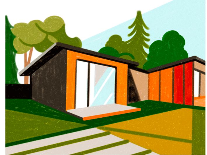Colorful modern prefab house with geometric design surrounded by trees and mountains