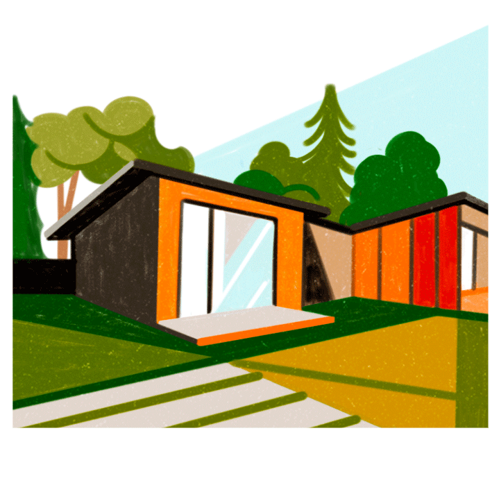 Colorful modern prefab house with geometric design surrounded by trees and mountains