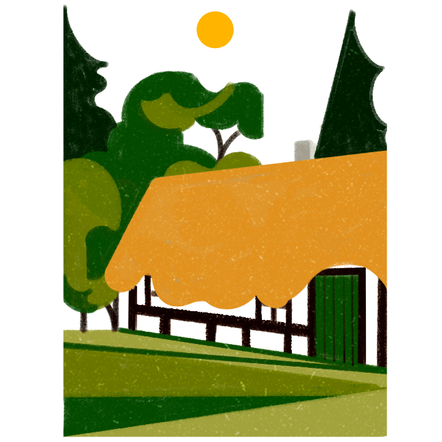 Stylized illustration of a house with orange thatched roof surrounded by green trees under yellow sun