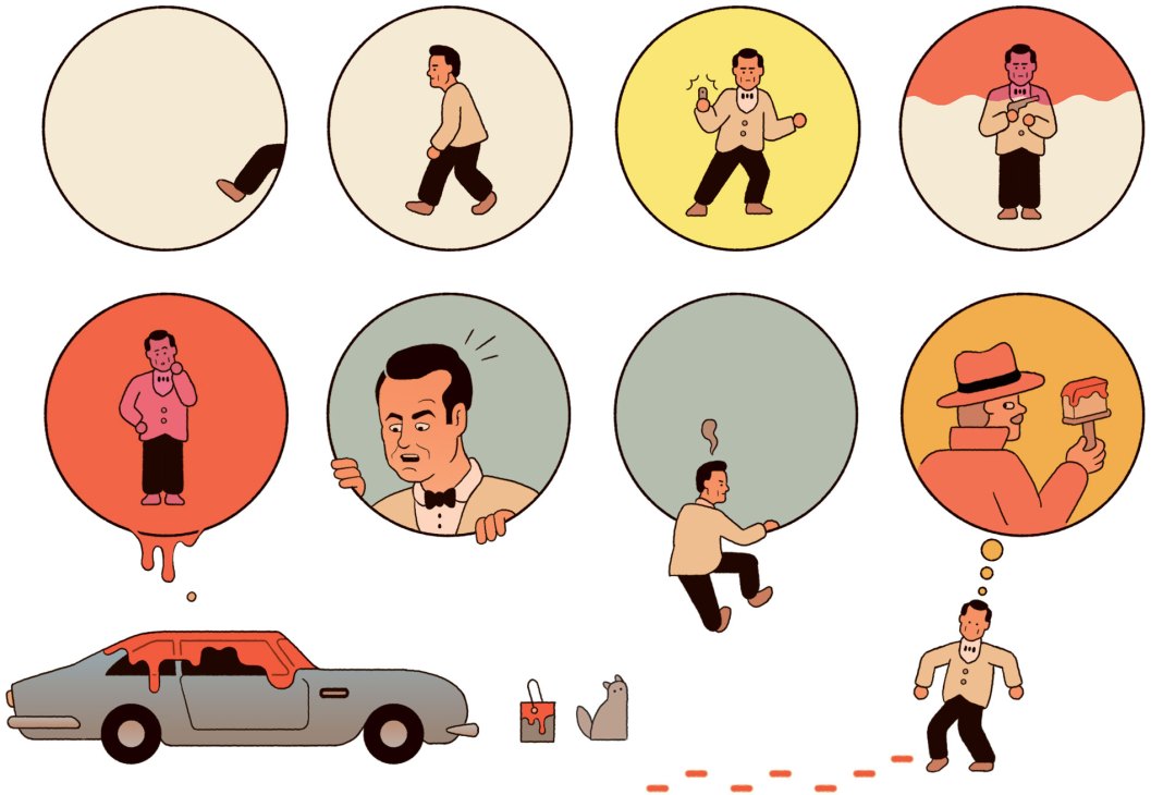Illustrated infographic showing spy tradecraft methods including surveillance, disguises, and evasion tactics.