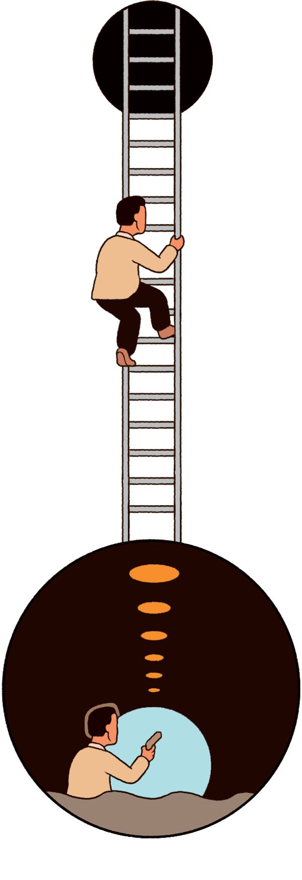 Illustration of a man climbing a ladder between two spheres representing espionage and intelligence gathering.