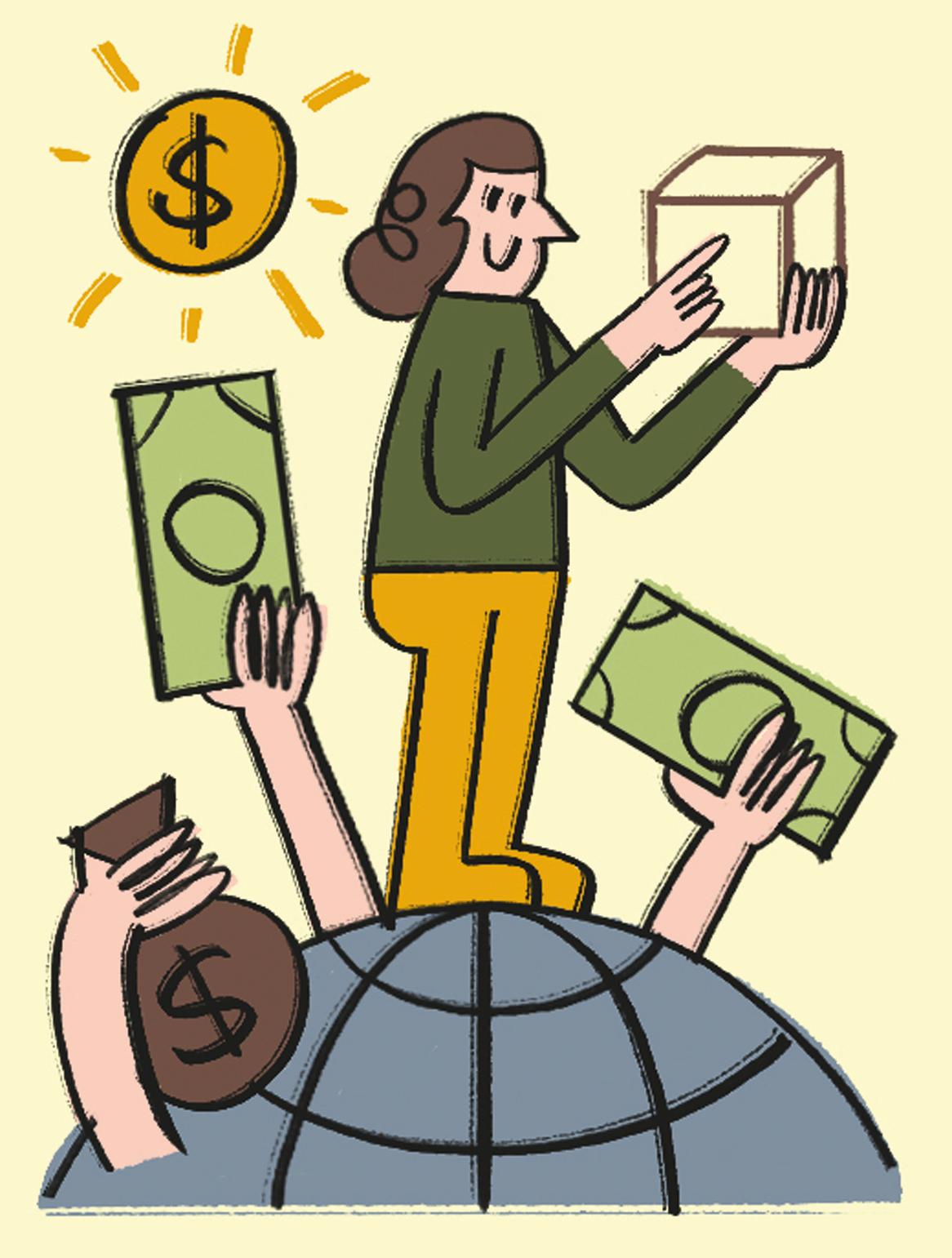 Illustration of person standing on globe holding product while hands reach up offering money and dollar symbols
