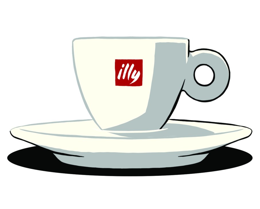 White ceramic Illy espresso cup and saucer with red illy logo