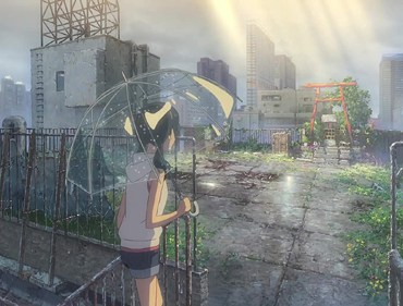 Anime-style illustration of person with umbrella on rainy urban rooftop overlooking modern Japanese cityscape