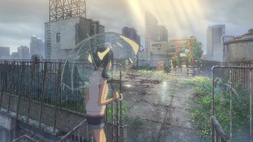Anime-style illustration of person with umbrella on rainy urban rooftop overlooking modern Japanese cityscape