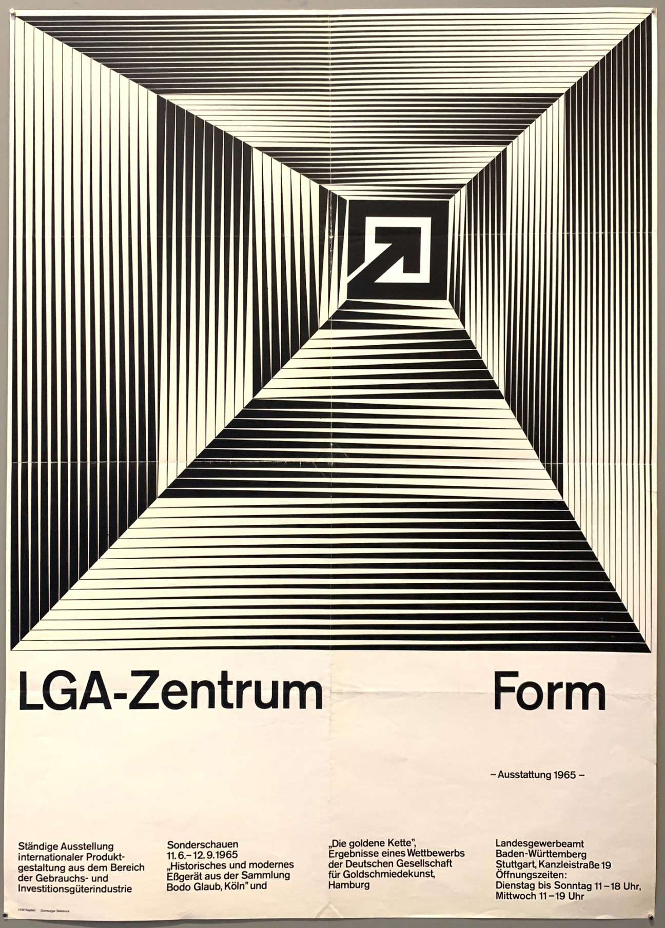1965 HW Kapitzi exhibition poster for LGA-Zentrum featuring black and white geometric tunnel optical illusion