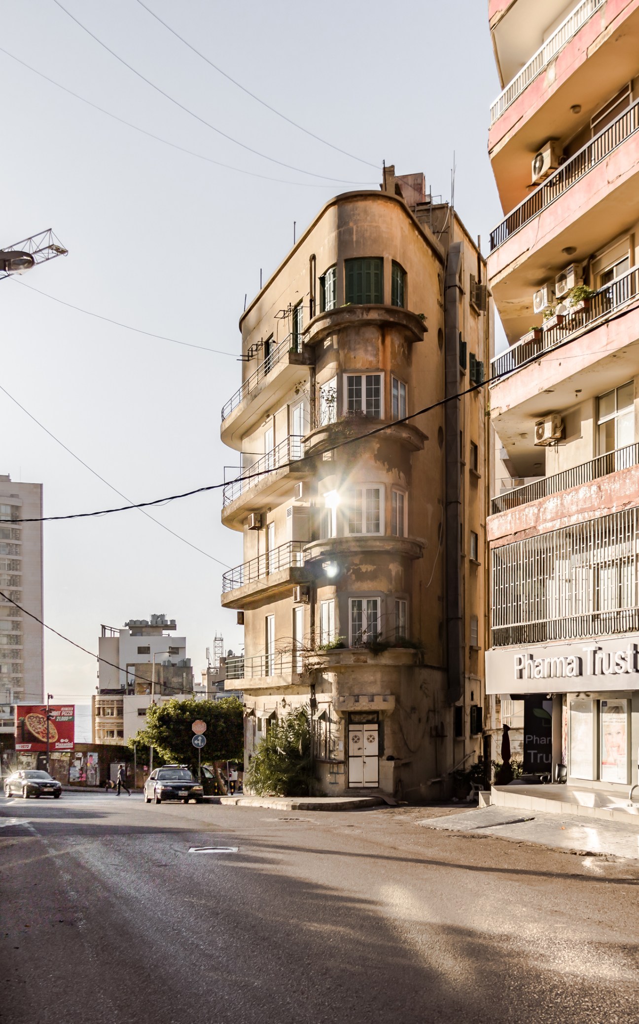 Art deco building La Tour in Beirut with distinctive curved facade and porthole-style windows